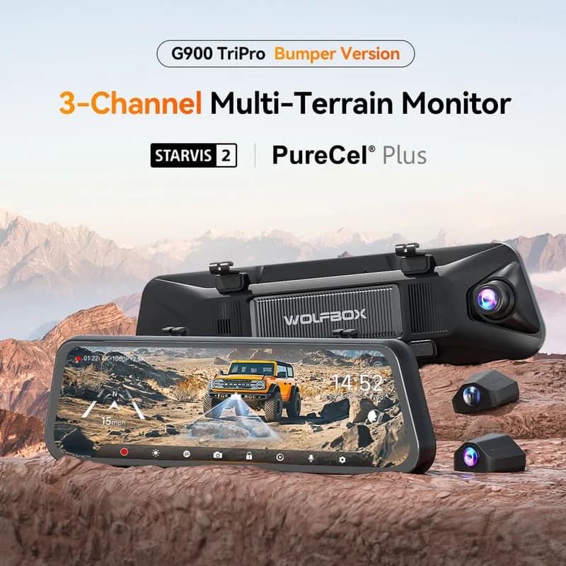 WOLFBOX G900 TriPro 3 Channel Bumper Version, 12" 4K+2.5K Mirror Dash Cam