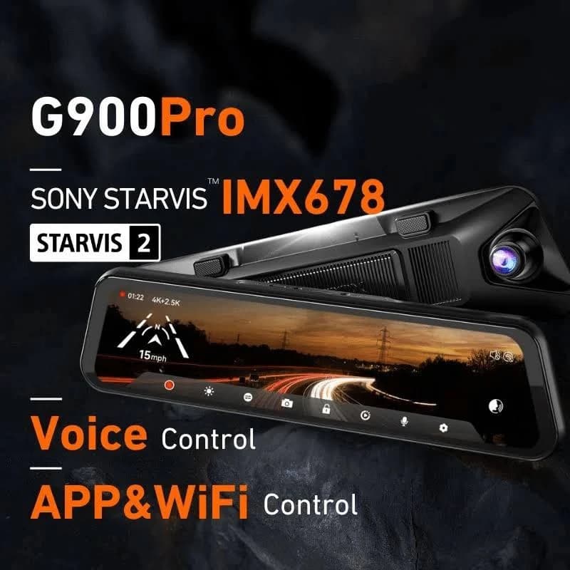 WOLFBOXG900 PRO Mirror Dash Cam with STARVIS 2 IMX678, 12 inches Rear View Mirror Camera with Front 4K and Rear 2.5K, Included 128GB Card, Voice Control, 5.8GHz WiFi, Loop Recording, G-Sensor & GPS
